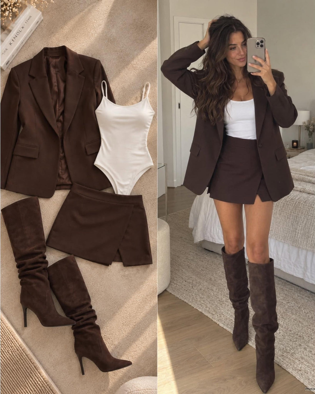 Set Soraia Marrón con body blanco